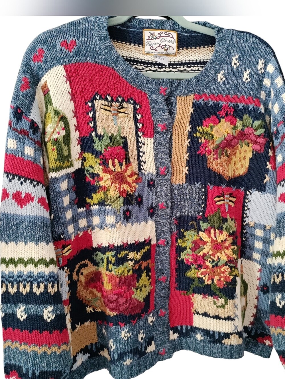 Vintage Heirloom Collectibles Patchwork Knit Sweater Y2K 2001 Boho Hippie Button
